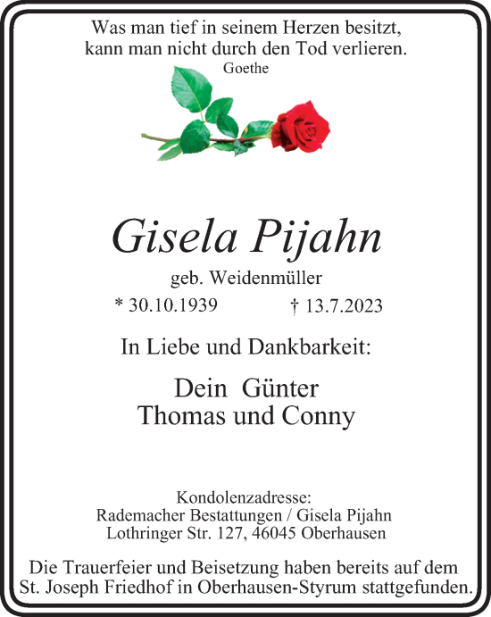 Traueranzeige von Gisela Pijahn von Tageszeitung