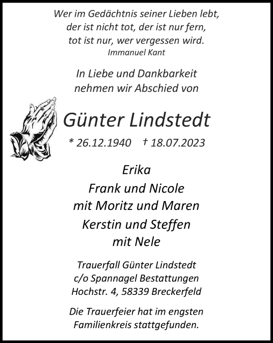 Traueranzeige von Günter Lindstedt von Tageszeitung