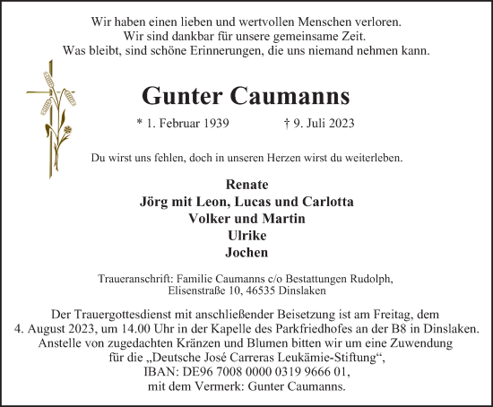 Traueranzeige von Gunter Caumanns von Tageszeitung