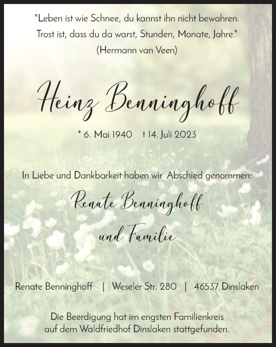 Traueranzeige von Heinz Benninghoff von Tageszeitung