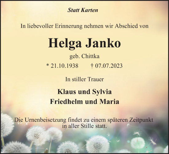 Traueranzeige von Helga Janko von Tageszeitung