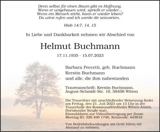 Traueranzeige von Helmut Buchmann von Tageszeitung