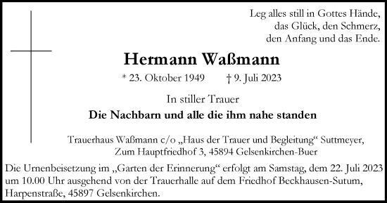Traueranzeige von Hermann Waßmann von Tageszeitung