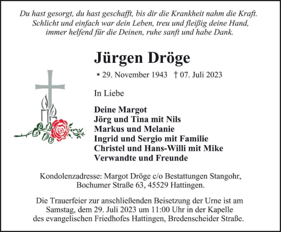 Traueranzeige von Jürgen Dröge von Tageszeitung