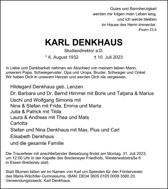Traueranzeige von Karl Denkhaus von Tageszeitung