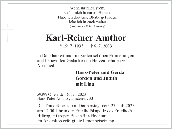 Traueranzeige von Karl-Reiner Amthor von Tageszeitung