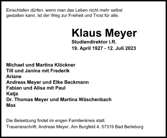 Traueranzeige von Klaus Meyer von Tageszeitung