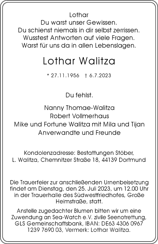 Traueranzeige von Lothar Walitza von Tageszeitung