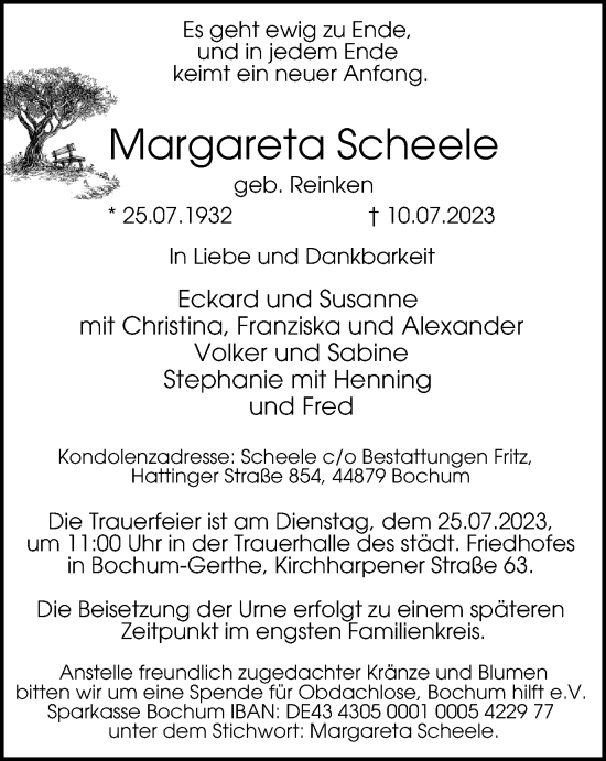 Traueranzeige von Margareta Scheele von Tageszeitung