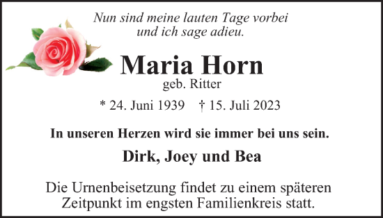 Traueranzeige von Maria Horn von Tageszeitung
