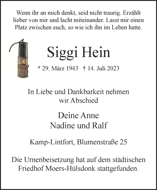 Traueranzeige von Siggi Hein von Tageszeitung