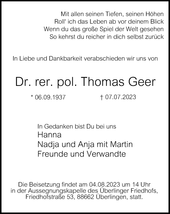 Traueranzeige von Thomas Geer von Tageszeitung