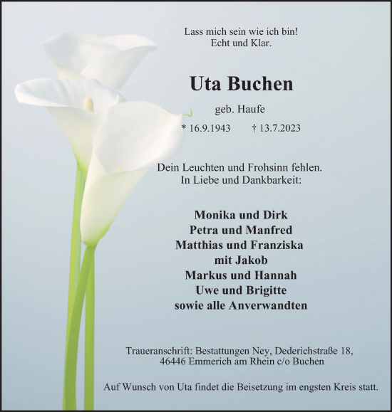 Traueranzeige von Uta Buchen von Tageszeitung