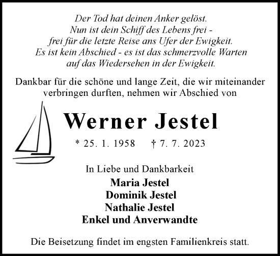 Traueranzeige von Werner Jestel von Tageszeitung