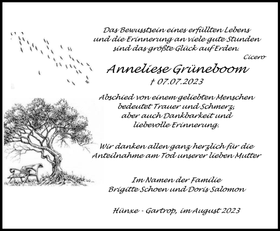 Traueranzeige von Anneliese Grüneboom von Tageszeitung