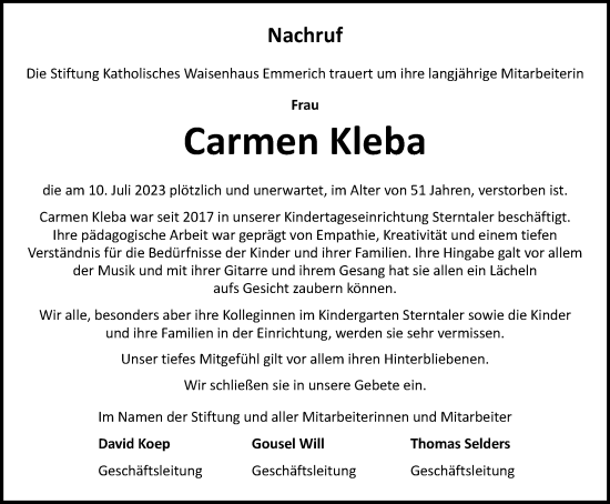 Traueranzeige von Carmen Kleba von Tageszeitung