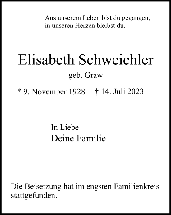 Traueranzeige von Elisabeth Schweichler von Tageszeitung