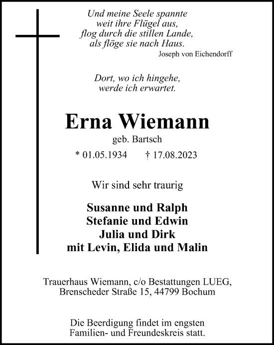 Traueranzeige von Erna Wiemann von Tageszeitung
