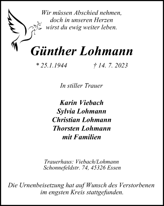 Traueranzeige von Günther Lohmann von Tageszeitung