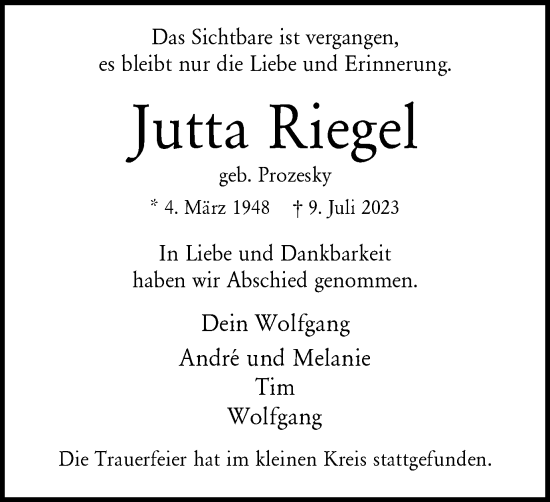 Traueranzeige von Jutta Riegel von Tageszeitung