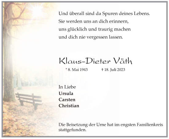 Traueranzeige von Klaus-Dieter Väth von Tageszeitung
