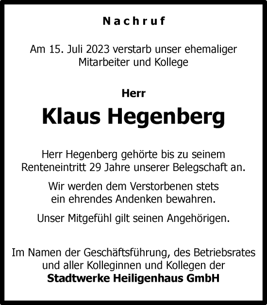 Traueranzeige von Klaus Hegenberg von Tageszeitung