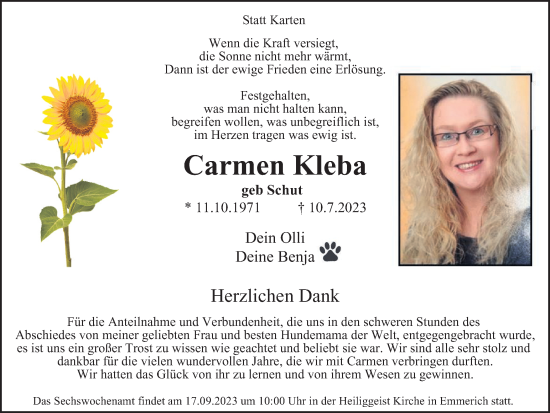 Traueranzeige von Carmen Kleba von Tageszeitung
