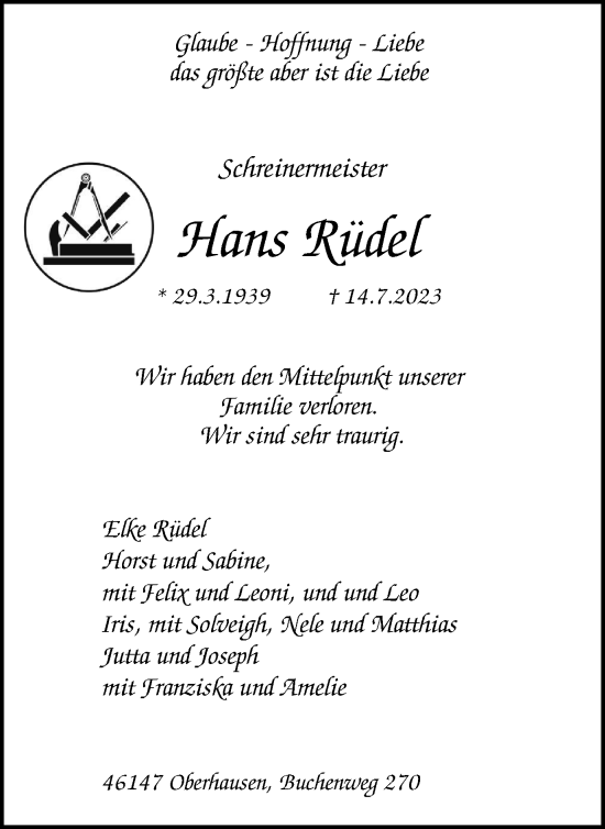 Traueranzeige von Hans Rüdel von Tageszeitung