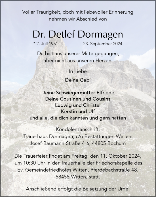 Traueranzeige von Dr. Detlef Dormagen von Tageszeitung