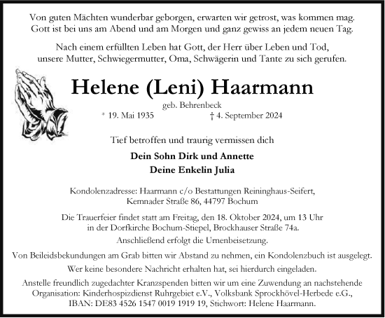 Traueranzeige von Helene Haarmann von FUNKE Medien NRW GmbH