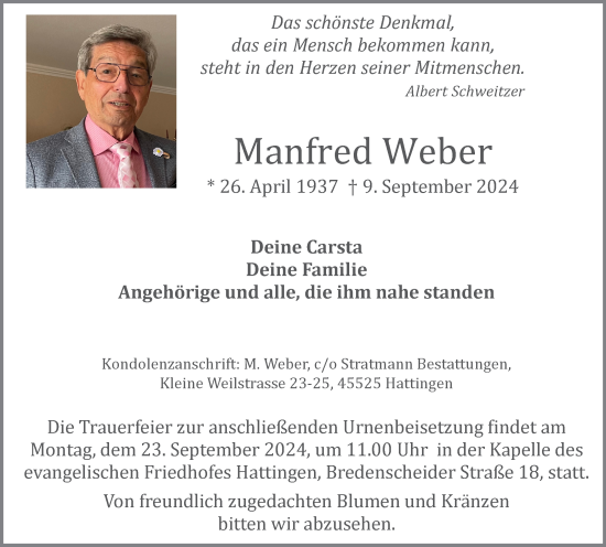 Traueranzeige von Manfred Weber von FUNKE Medien NRW GmbH