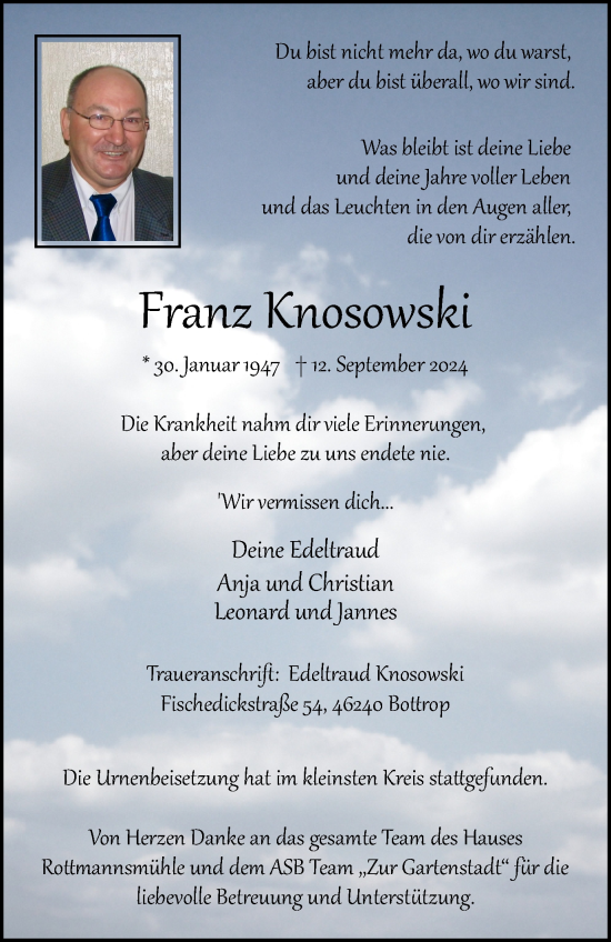 Traueranzeige von Franz Knosowski von FUNKE Medien NRW GmbH