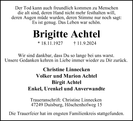Traueranzeige von Brigitte Achtel von Tageszeitung