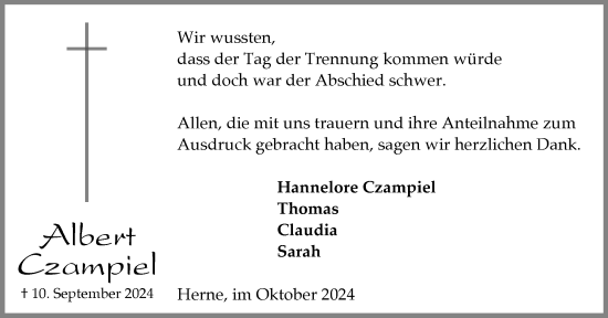Traueranzeige von Albert Czampiel von Tageszeitung