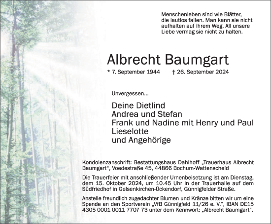 Traueranzeige von Albrecht Baumgart von Tageszeitung