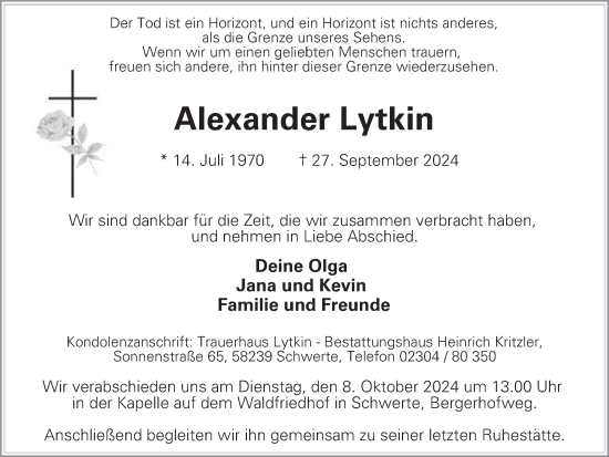 Traueranzeige von Alexander Lytkin von Tageszeitung