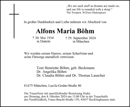 Traueranzeige von Alfons Maria Böhm von Tageszeitung