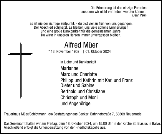 Traueranzeige von Alfred Müer von Tageszeitung