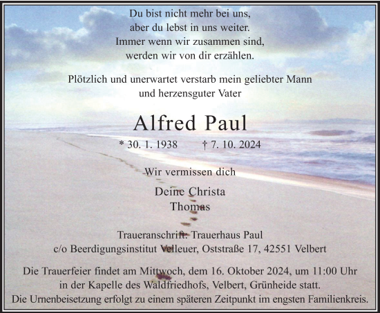 Traueranzeige von Alfred Paul von Tageszeitung