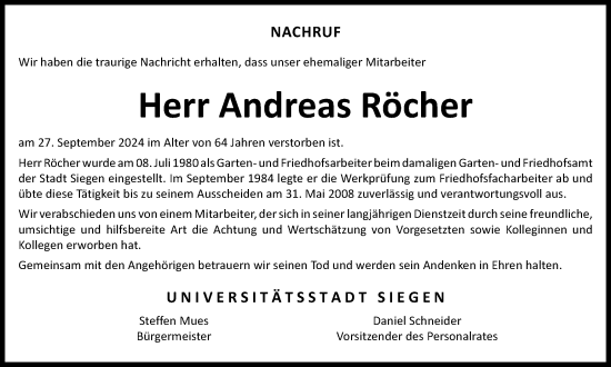 Traueranzeige von Andreas Röcher von Tageszeitung