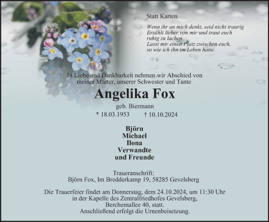 Traueranzeige von Angelika Fox von Tageszeitung