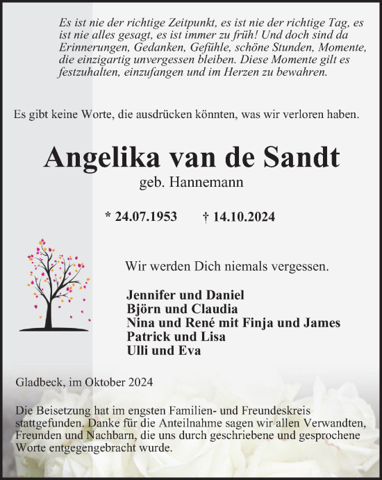 Traueranzeige von Angelika van de Sandt von Tageszeitung