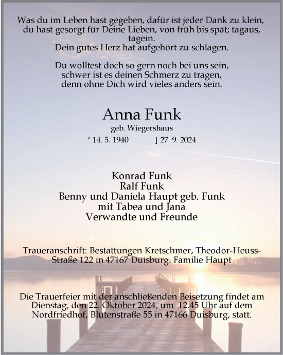 Traueranzeige von Anna Funk von Tageszeitung