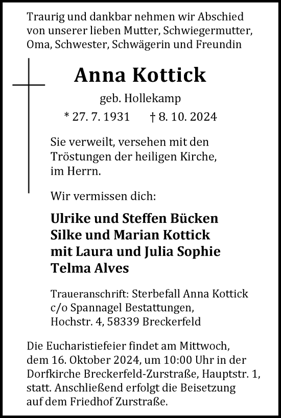 Traueranzeige von Anna Kottick von Tageszeitung