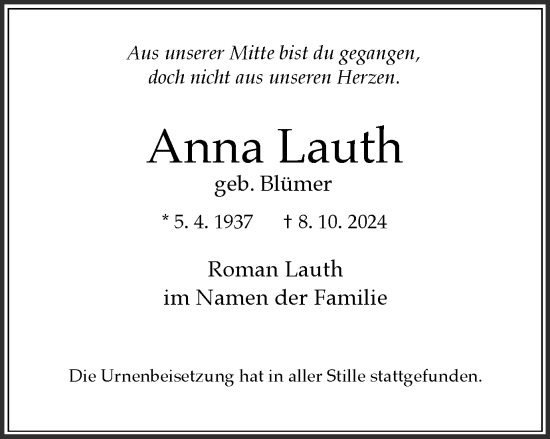 Traueranzeige von Anna Lauth von Tageszeitung
