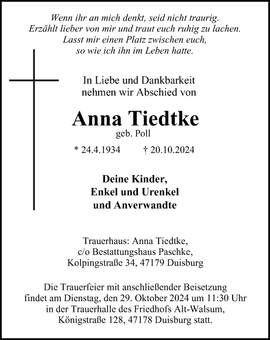 Traueranzeige von Anna Tiedtke von Tageszeitung