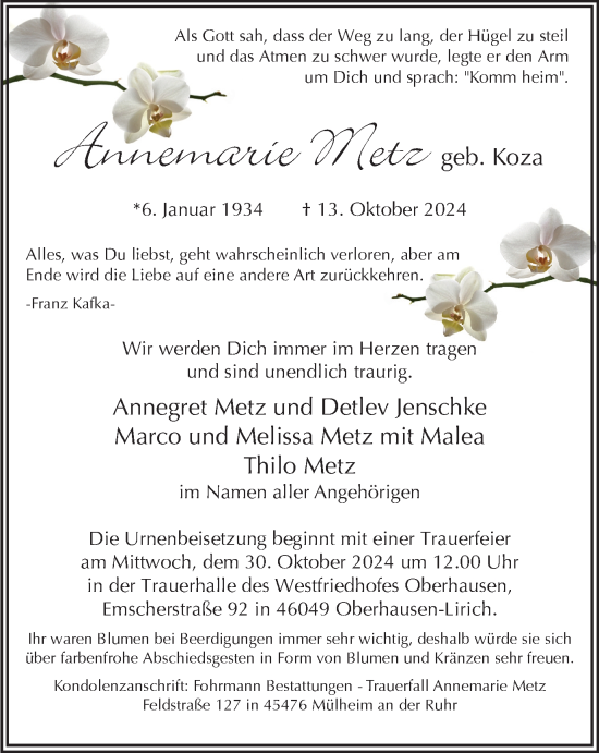 Traueranzeige von Annegret Metz von Tageszeitung