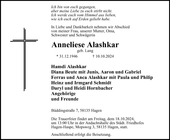 Traueranzeige von Anneliese Alashkar von Tageszeitung