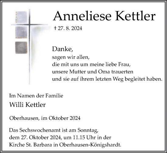 Traueranzeige von Anneliese Kettler von Tageszeitung