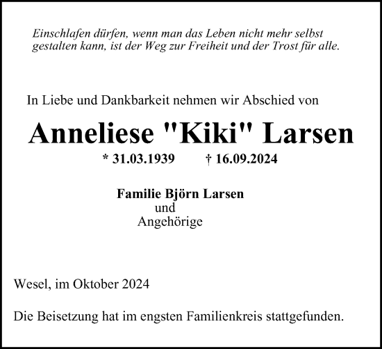 Traueranzeige von Anneliese Larsen von Tageszeitung
